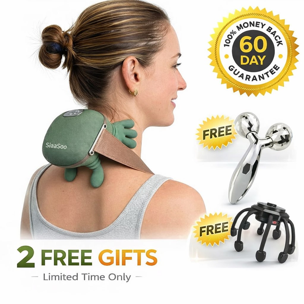Woman using a siaasoo neck massager with promotional text and free gift offer 