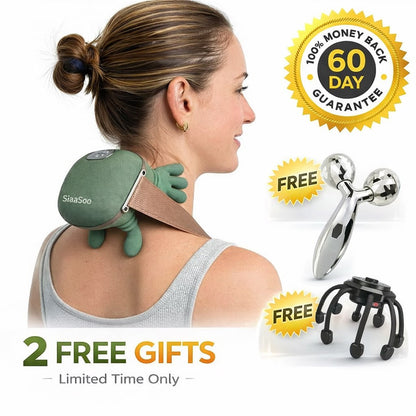 Woman using a siaasoo neck massager with promotional text and free gift offer 